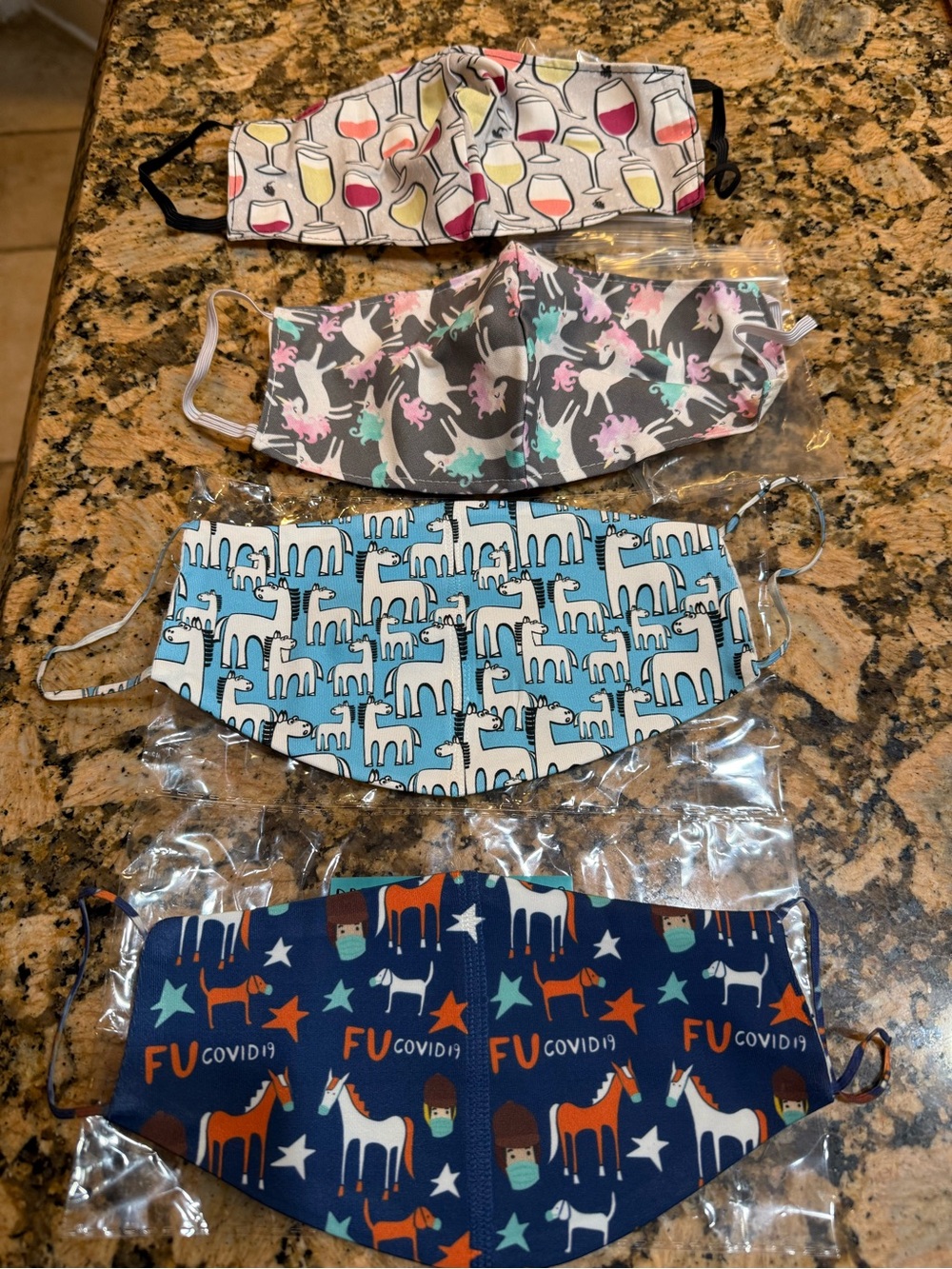 New! 4 soft washable Face Masks - Multicolor Unicorn & Animal Prints